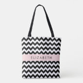 Zwart-wit Zigzag, Chevron Pattern, Jouw naam Tote Bag (Achterkant)