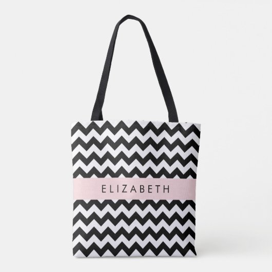 Zwart-wit Zigzag, Chevron Pattern, Jouw naam Tote Bag (Achterkant)
