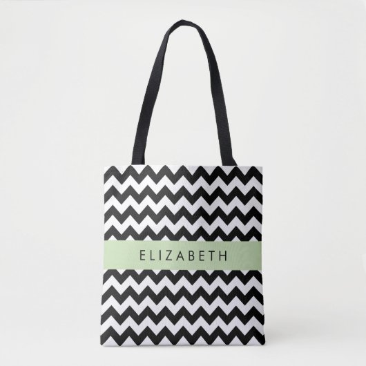Zwart-wit Zigzag, Chevron Pattern, Jouw naam Tote Bag (Voorkant)