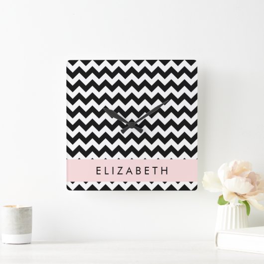Zwart-wit Zigzag, Chevron Pattern, Jouw naam Vierkante Klok (Huis)