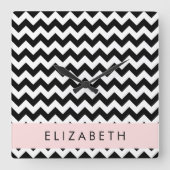 Zwart-wit Zigzag, Chevron Pattern, Jouw naam Vierkante Klok (Voorkant)
