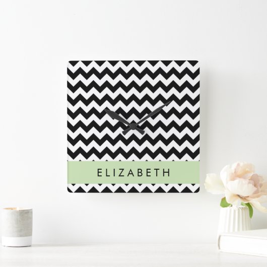 Zwart-wit Zigzag, Chevron Pattern, Jouw naam Vierkante Klok (Huis)