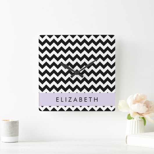 Zwart-wit Zigzag, Chevron Pattern, Jouw naam Vierkante Klok (Huis)