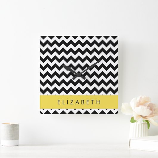 Zwart-wit Zigzag, Chevron Pattern, Jouw naam Vierkante Klok (Huis)