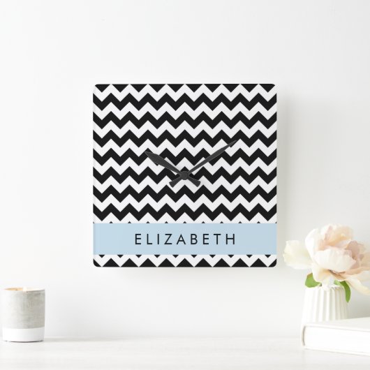 Zwart-wit Zigzag, Chevron Pattern, Jouw naam Vierkante Klok (Huis)