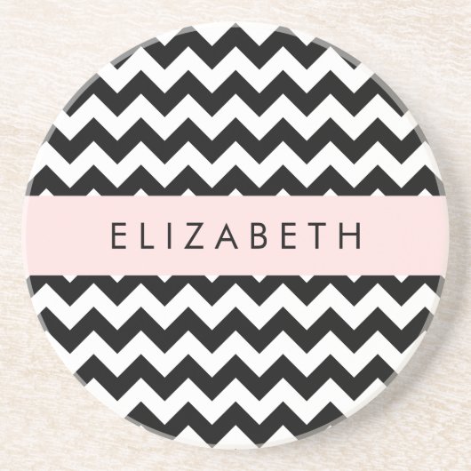 Zwart-wit Zigzag, Chevron Pattern, Jouw naam Zandsteen Onderzetter (Voorkant)
