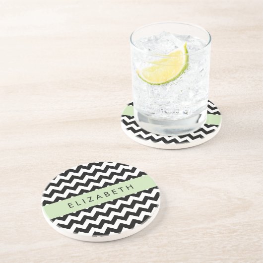 Zwart-wit Zigzag, Chevron Pattern, Jouw naam Zandsteen Onderzetter (Zijkant)