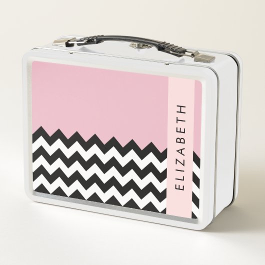 Zwart-wit Zigzag, Chevron, Roze, Jouw naam (Achterkant)