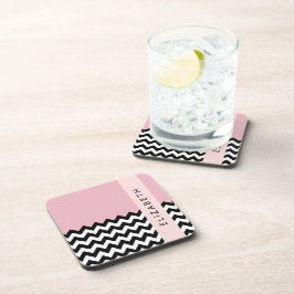 Zwart-wit Zigzag, Chevron, Roze, Jouw naam Bier Onderzetter