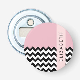 Zwart-wit Zigzag, Chevron, Roze, Jouw naam Button Flesopener
