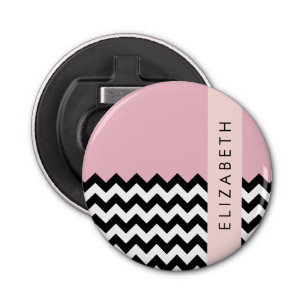 Zwart-wit Zigzag, Chevron, Roze, Jouw naam Button Flesopener