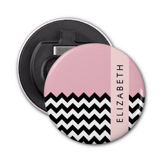 Zwart-wit Zigzag, Chevron, Roze, Jouw naam Button Flesopener (Voorkant)