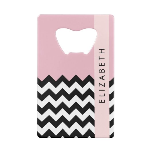 Zwart-wit Zigzag, Chevron, Roze, Jouw naam Creditkaart Flessenopener (Achterkant)
