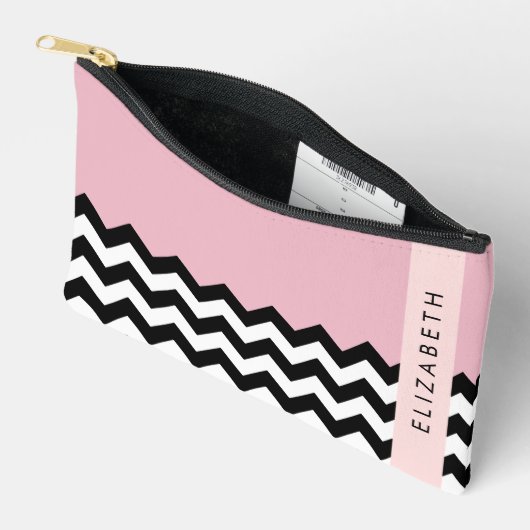 Zwart-wit Zigzag, Chevron, Roze, Jouw naam Etui (Open)