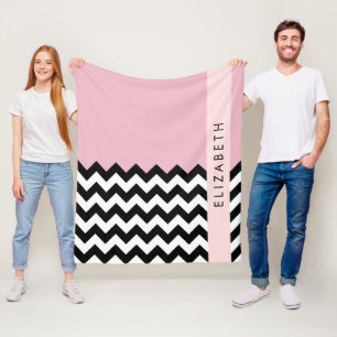 Zwart-wit Zigzag, Chevron, Roze, Jouw naam Fleece Deken