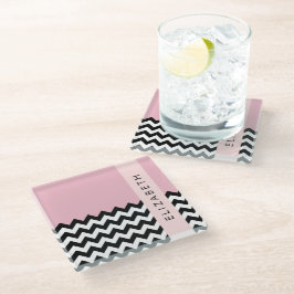 Zwart-wit Zigzag, Chevron, Roze, Jouw naam Glazen Onderzetter