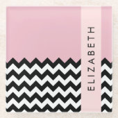 Zwart-wit Zigzag, Chevron, Roze, Jouw naam Glazen Onderzetter (Voorkant)
