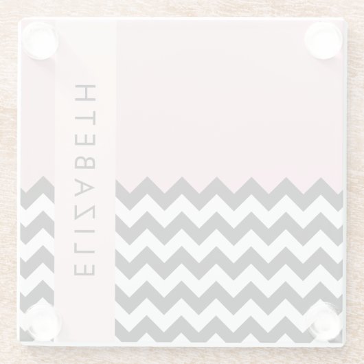 Zwart-wit Zigzag, Chevron, Roze, Jouw naam Glazen Onderzetter (Achterkant)