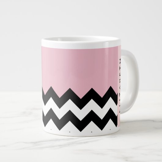 Zwart-wit Zigzag, Chevron, Roze, Jouw naam Grote Koffiekop (Voorkant rechts)