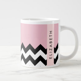 Zwart-wit Zigzag, Chevron, Roze, Jouw naam Grote Koffiekop