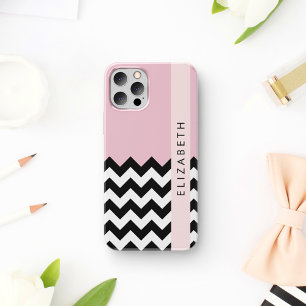 Zwart-wit zigzag, chevron, roze, jouw naam iPhone 16 hoesje