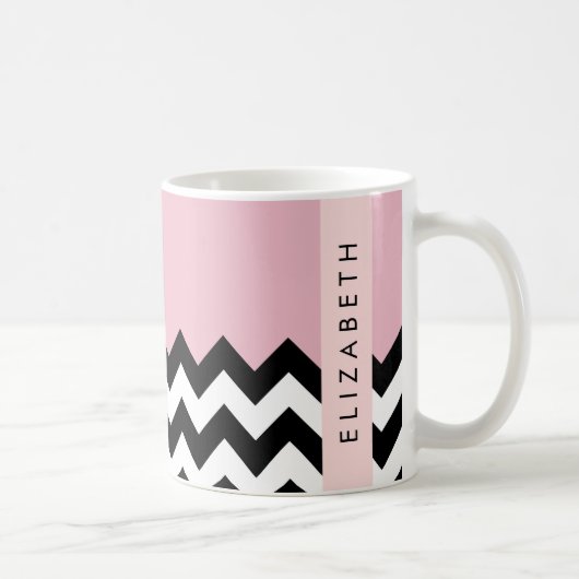 Zwart-wit Zigzag, Chevron, Roze, Jouw naam Koffiemok (Rechts)