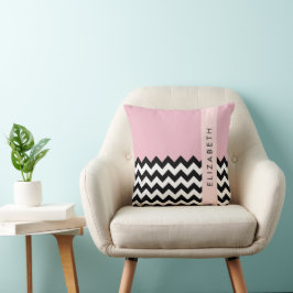 Zwart-wit Zigzag, Chevron, Roze, Jouw naam Kussen