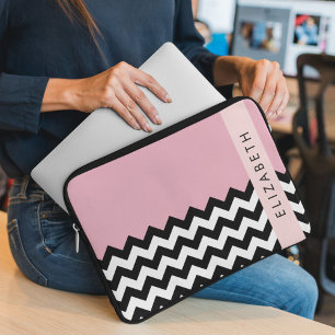 Zwart-wit Zigzag, Chevron, Roze, Jouw naam Laptop Sleeve