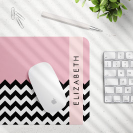 Zwart-wit Zigzag, Chevron, Roze, Jouw naam Muismat