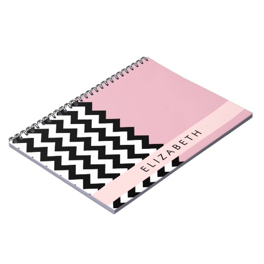Zwart-wit Zigzag, Chevron, Roze, Jouw naam Notitieboek (Linkerzijde)