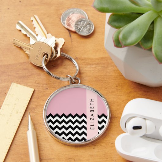 Zwart-wit Zigzag, Chevron, Roze, Jouw naam Sleutelhanger (Bureau)