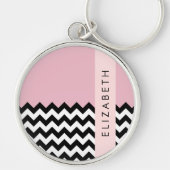 Zwart-wit Zigzag, Chevron, Roze, Jouw naam Sleutelhanger (Voorkant)