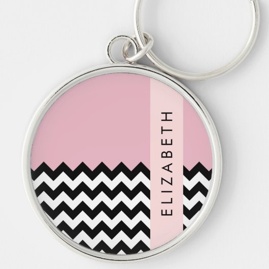 Zwart-wit Zigzag, Chevron, Roze, Jouw naam Sleutelhanger (Voorkant)