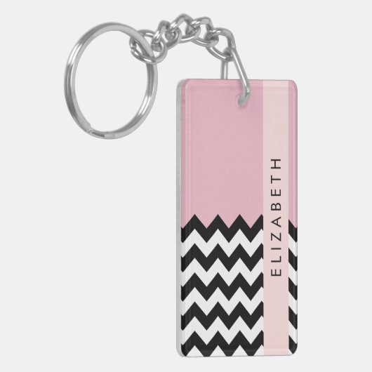 Zwart-wit Zigzag, Chevron, Roze, Jouw naam Sleutelhanger (Voorkant Links)
