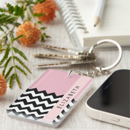 Zwart-wit Zigzag, Chevron, Roze, Jouw naam Sleutelhanger