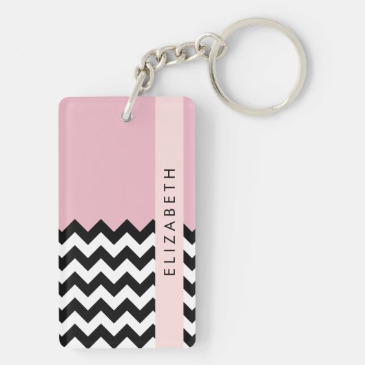 Zwart-wit Zigzag, Chevron, Roze, Jouw naam Sleutelhanger (achterkant)