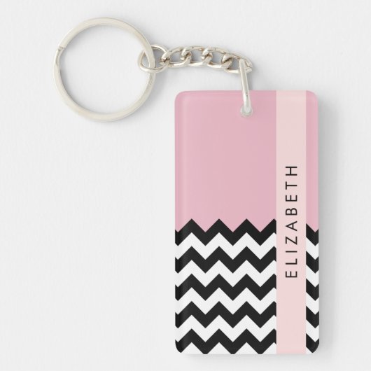 Zwart-wit Zigzag, Chevron, Roze, Jouw naam Sleutelhanger (Voorkant)