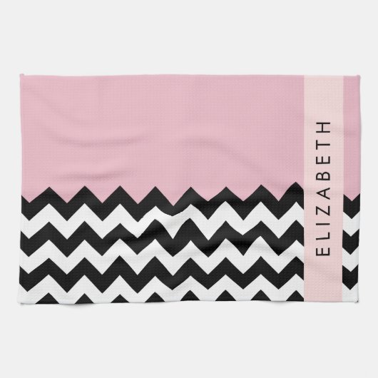 Zwart-wit Zigzag, Chevron, Roze, Jouw naam Theedoek (Horizontaal)