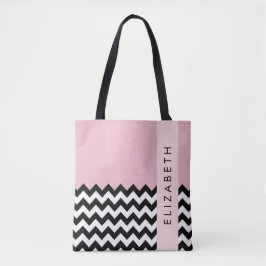 Zwart-wit Zigzag, Chevron, Roze, Jouw naam Tote Bag