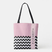 Zwart-wit Zigzag, Chevron, Roze, Jouw naam Tote Bag (Achterkant)