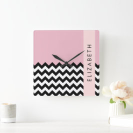 Zwart-wit Zigzag, Chevron, Roze, Jouw naam Vierkante Klok