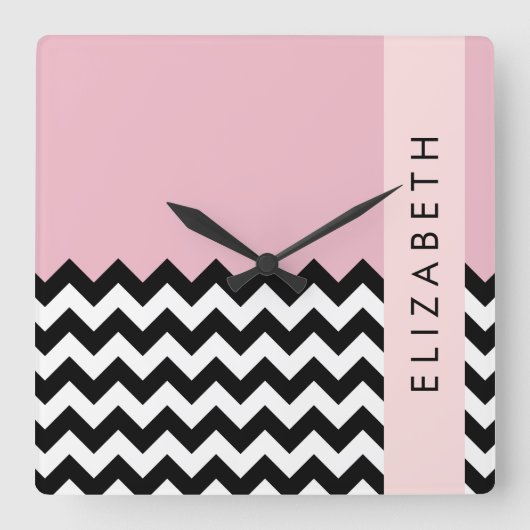 Zwart-wit Zigzag, Chevron, Roze, Jouw naam Vierkante Klok (Voorkant)