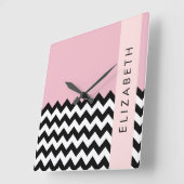 Zwart-wit Zigzag, Chevron, Roze, Jouw naam Vierkante Klok (Hoek)