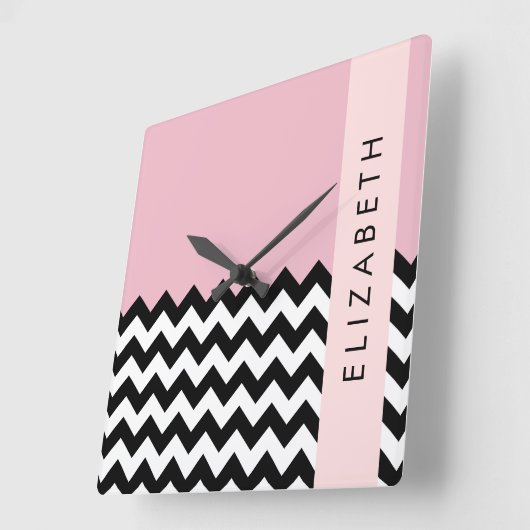 Zwart-wit Zigzag, Chevron, Roze, Jouw naam Vierkante Klok (Hoek)