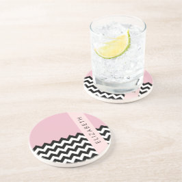Zwart-wit Zigzag, Chevron, Roze, Jouw naam Zandsteen Onderzetter