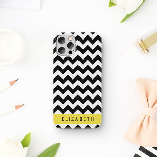 Zwart-wit zigzag-, chevronpatroon, jouw naam iPhone 16 hoesje