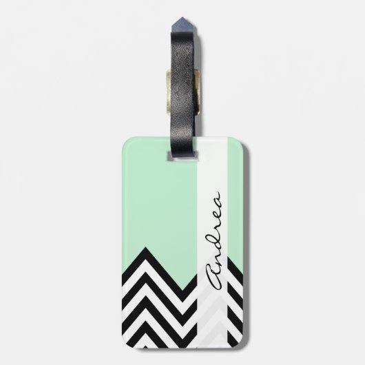 Zwart-wit Zigzag Patroon, Groen, Jouw naam Bagagelabel (Achterkant verticaal)