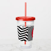 Zwart-wit zigzagpatroon met rode monogram acryl drinkbeker (Rechts)
