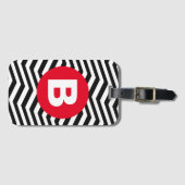 Zwart-wit zigzagpatroon met rode monogram bagagelabel (Voorkant (horizontaal))