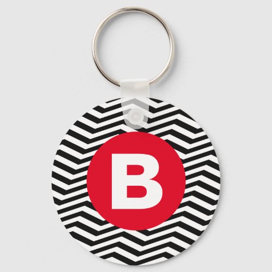 Zwart-wit zigzagpatroon met rode monogram sleutelhanger (Voorkant)